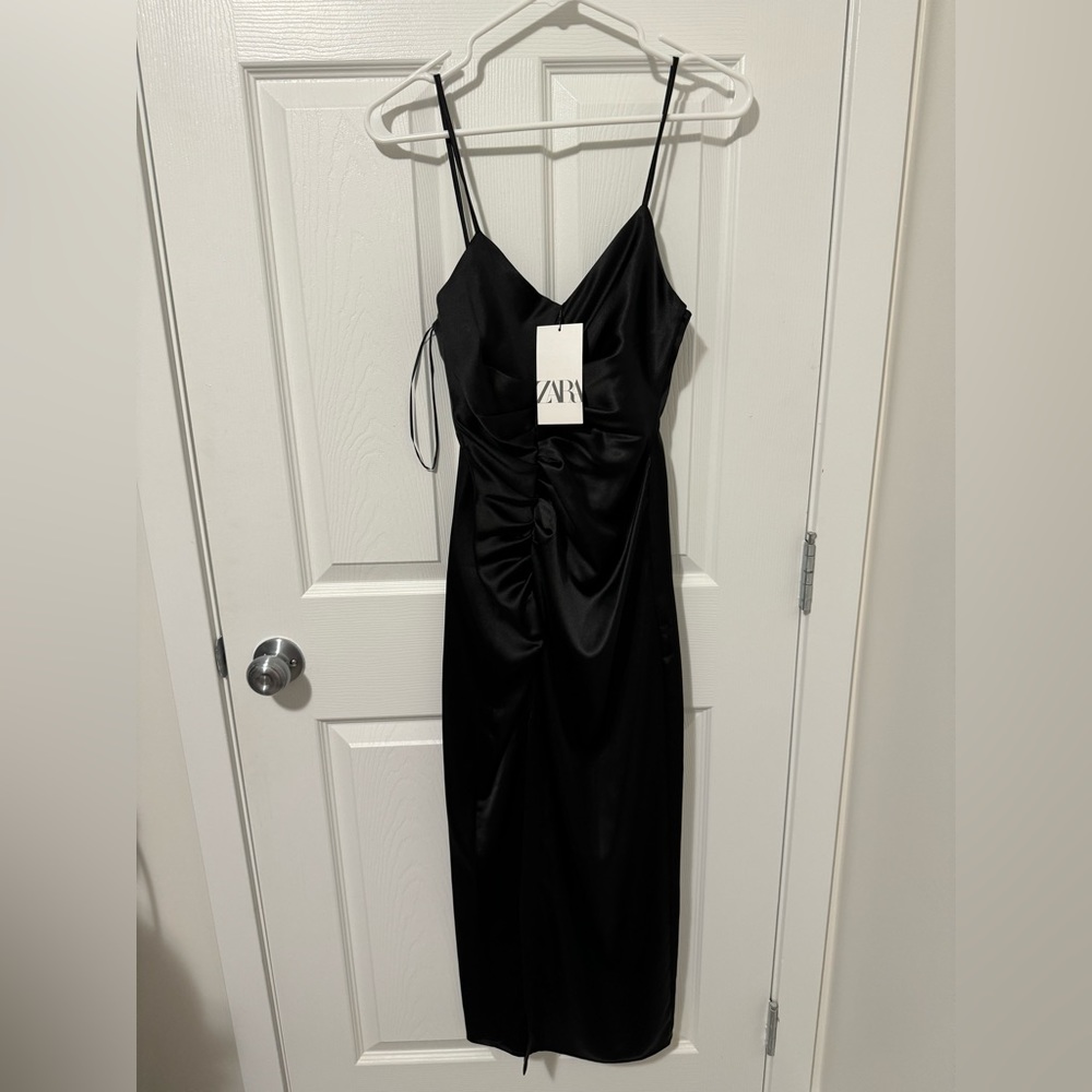 New with Tags Zara Black Midi Ruched Satin Dress with Slit Size XS - Picture 9 of 13